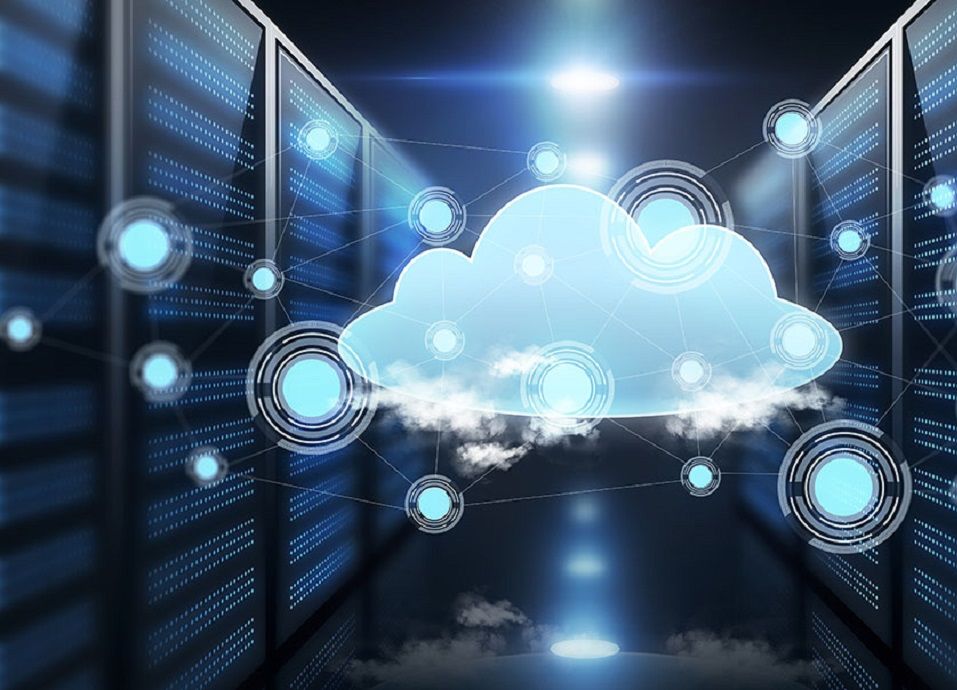A glowing cloud between rows of servers