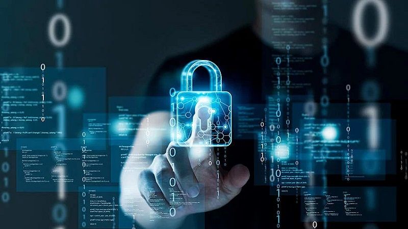 A hand touching a digital padlock icon